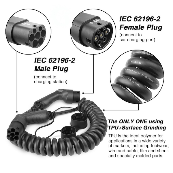 Cable de càrrega en espiral de 22KW 32A de 3 fases de tipus 2 a tipus 2-1