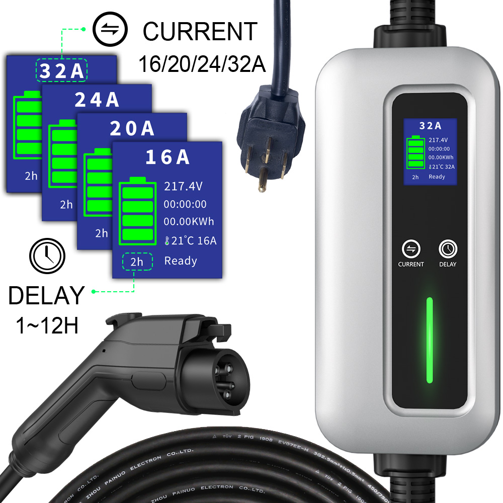 Портативний зарядний пристрій для електромобілів 7 кВт, 16 A–32 A, регульований тип 1, рівень 2