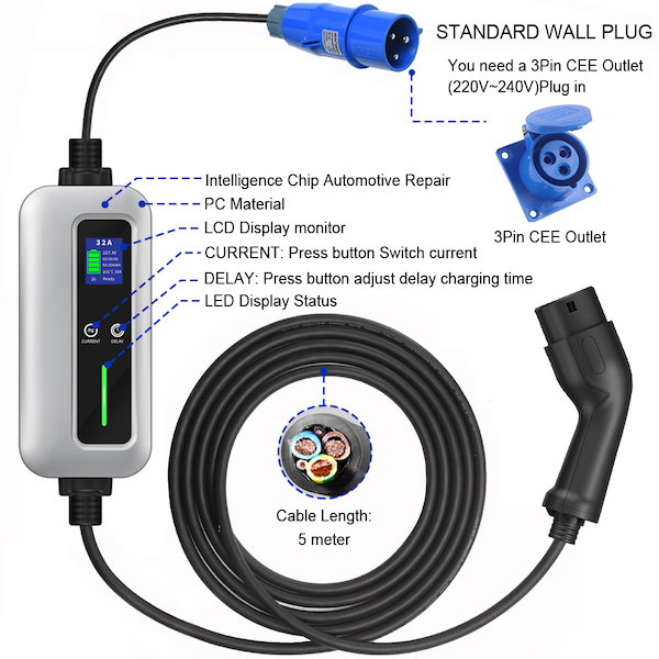 7KW 16A a 32A reglabl tip 2 pòtab EV Charger-1